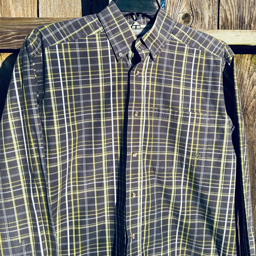 Ariat Pro Series Shirt Men’s Medium Long Sleeve Gray Plaid Button Down Cotton